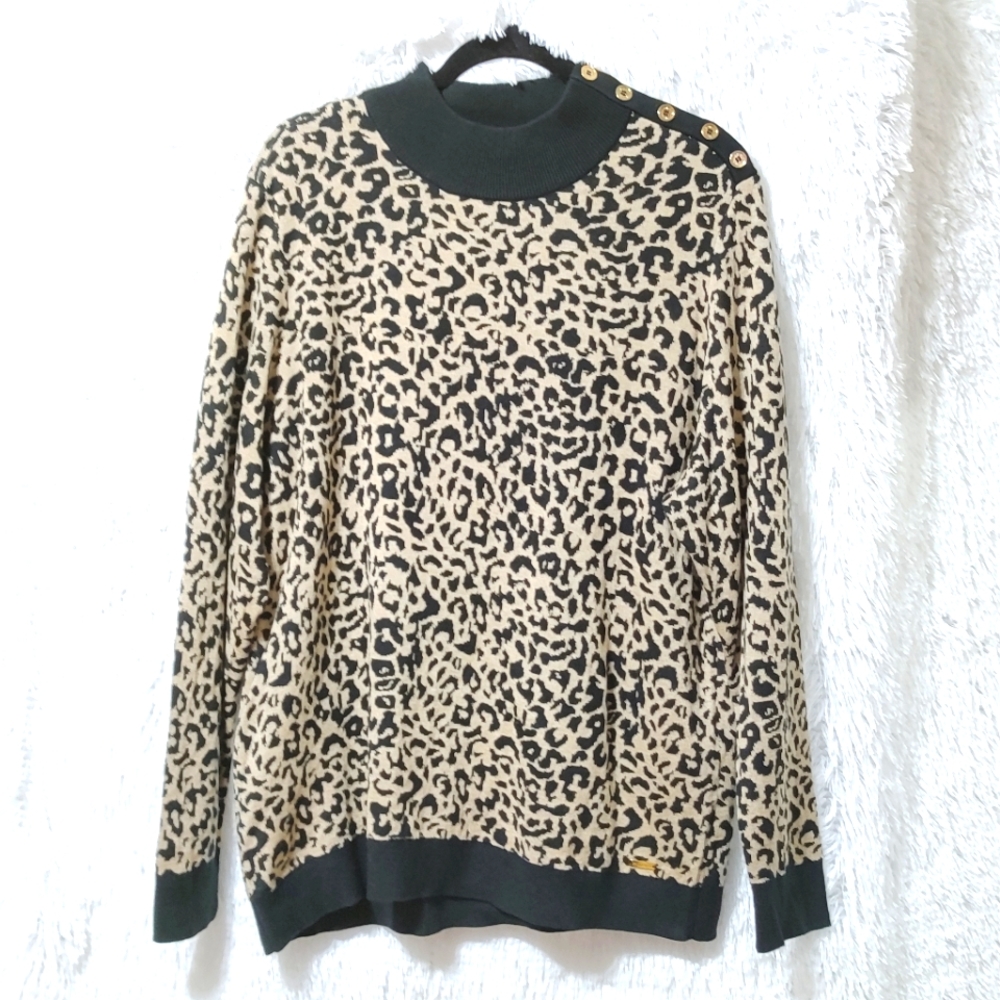 Calvin Klein XL Leopard Sweater Gold Buttons Mock Neck Black Tan Beige
